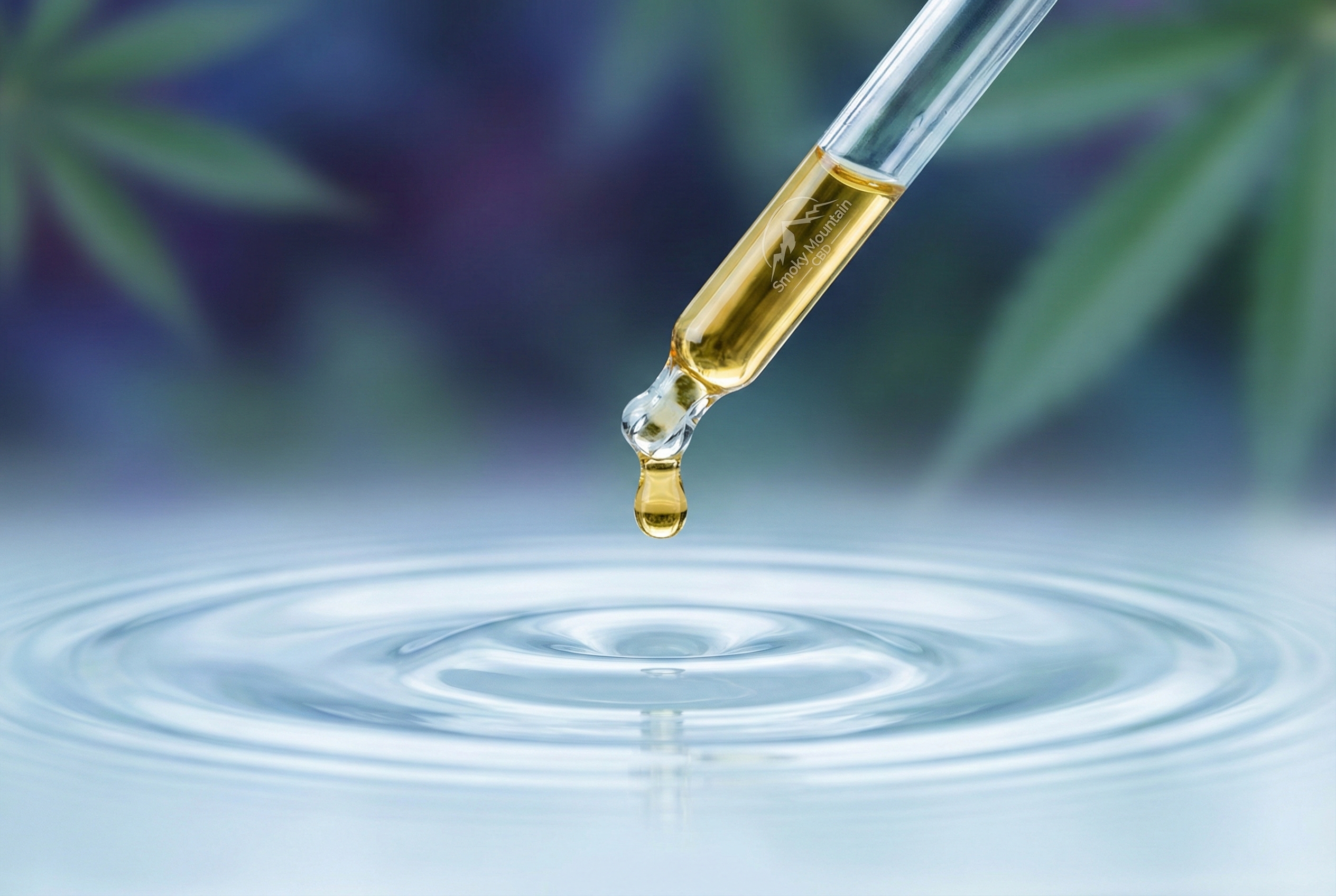 A serene, minimalist photography shot of a single drop of golden CBD oil suspended from a glass dropper, creating a ripple in a small pool of water below. The lighting is clean, clinical, and calming, emphasizing purity.